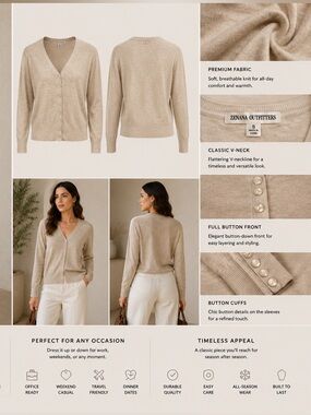 Zenana Outfitters Neutral Beige V-Neck Button Cardigan